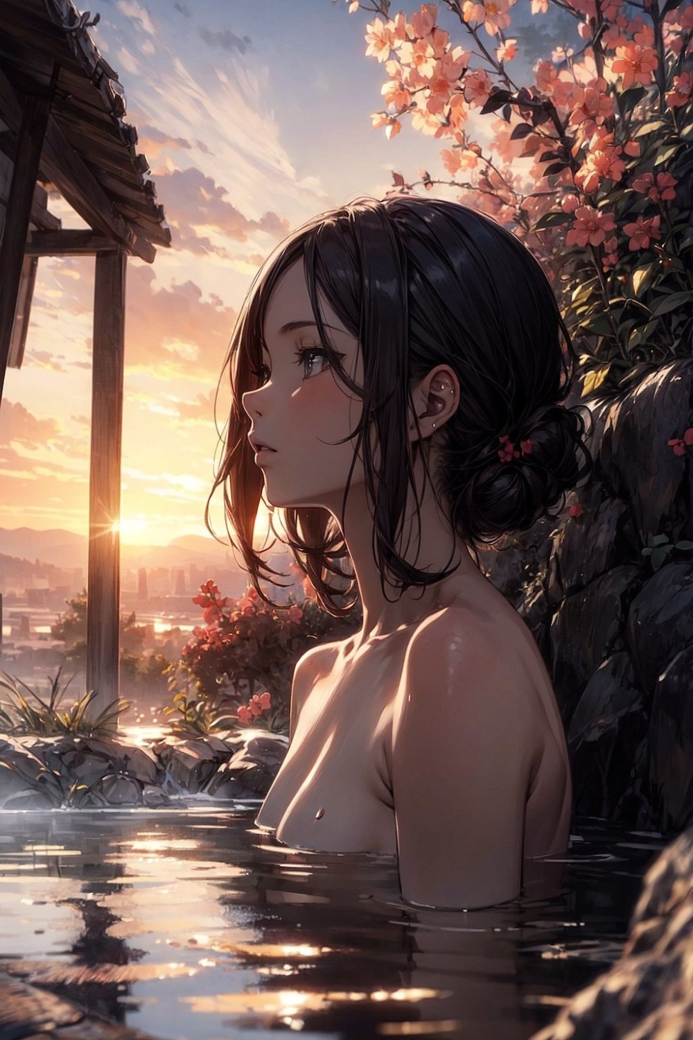 【AIイラスト】温泉に入っている女の子のAI画像まとめ【アニメ調】 Part 2